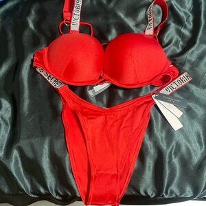 34B bombshell and the bottom is a medium it’s between a cheekie & thong